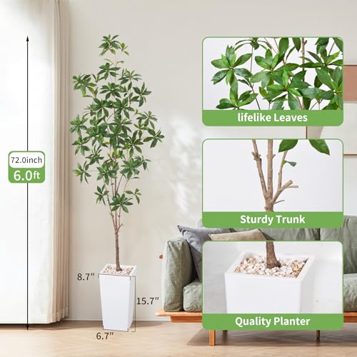 HAIHONG Artificial Brave Ficus Tree 6FT-Faux Tree with White Tall Planter-Fake Potted Tree with Silk Leaves-Tall Artificial Plants for Home Office Living Room Hallway Decor Indoor