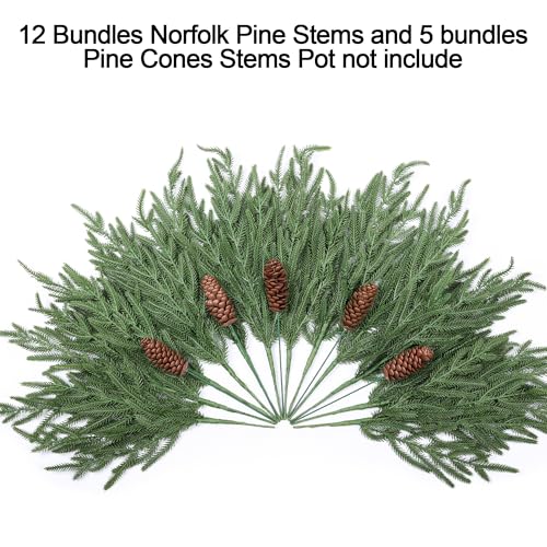 florisso Artificial Christmas Norfolk Pine Stems Branches for Vases,12 Bundles Faux Pine Branches with 5 PCS Big Fake Pinecones Stems Greenery Evergreen Real Touch for Holiday Winter Table Xmas Decor - color: Big Pine Cones