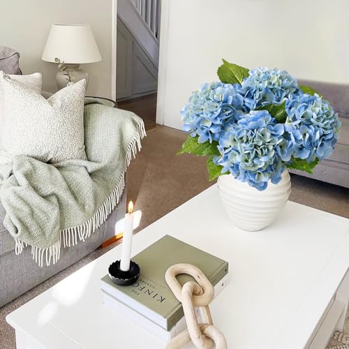 JINWOE Light Blue Flowers Hydrangea Artificial Flowers, 4PCS 21" Latex Real Touch Vintage Lifelike Silk Flowers,Faux Hydrangea Bouquet Fake Flowers for Wedding Centerpieces Tables Party Outdoor Home - color: Blue