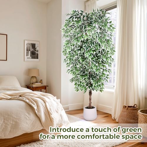 Jocoevol 7FT Artificial Ficus Tree, Tall Faux Trees Indoor with White Planter, Dried Moss, Natural Silk Leaves & Trunk, Fake Plants for Home Living Room Office Corner Decor Housewarming Gift - color: White Border, size: 7ft