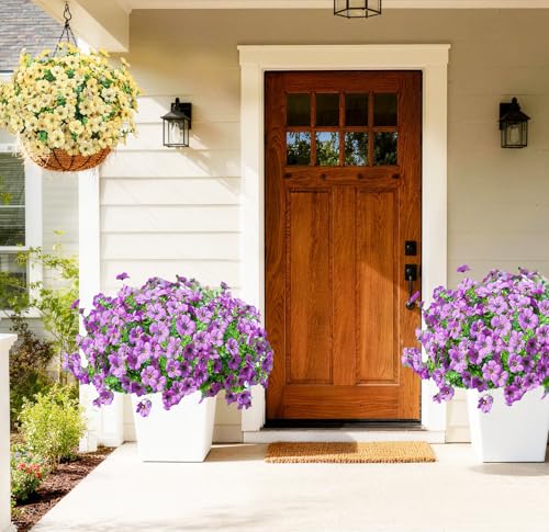 Artificial Outdoor Flowers 16 Bundles UV Resistant Fake Mums Flowers Plants for Decoration Indoor Outdoor Window Box Hanging Planter Home Porch Decor Plastic Faux Flowers (Purple) - color: Purple