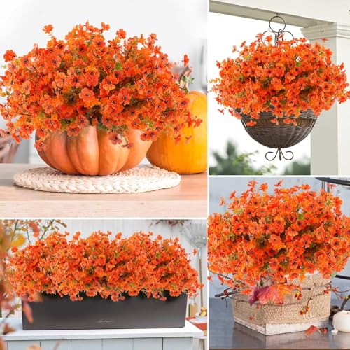 Rowfad 18 Pcs Artificial Mums Flowers Outdoor Plastic Fall Flowers Fake Mums Autumn Greenery Flower for Porch Window Box Farmhouse Thanksgiving Home Decor ((18, Orange) - color: Orange