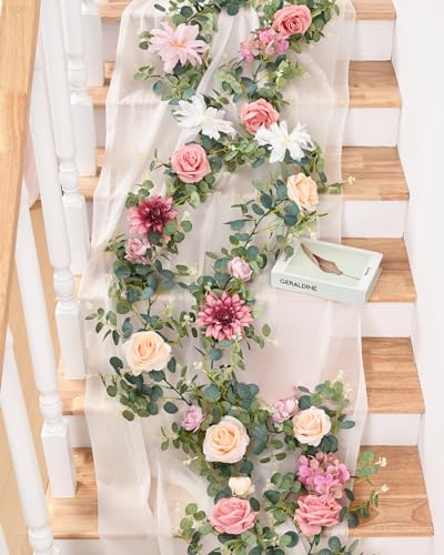 Waipfaru Flower Garland Decorations, 6.07Ft Pink Floral Rose Garland, Artificial Eucalyptus Greenery Vines with Flowers for Wedding Table Runner Centerpieces Backdrop Room Decor (Pink) - color: Dusty Pink-6.07ft, size: 1 Pack