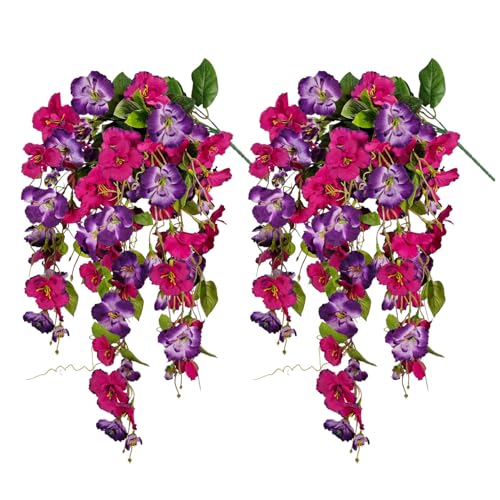 Artificial Fake Hanging Flowers Plants for Outdoor, Faux Silk Hibiscus Long Trailing Vines Realistic UV Resistant for Home Outside Front Porch Planter Patio Yard Decor (Purple+Purple Red) - color: Purple+purple Red