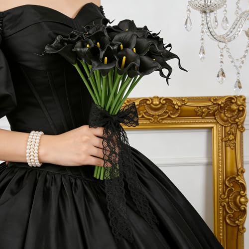 Calla Lily Bridal Wedding Festival Decor Bouquet Real Touch Latex Flower Bouquet Pack of 20 (Black) - color: Black