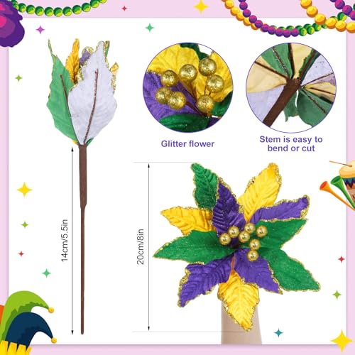 Giegxin 8 Pcs 8'' Mardi Gras Flowers Mardi Gras Poinsettia Flowers Artificial Poinsettia Stems Velvet Purple Gold Green Ornaments Fold Floral for Holiday Party Decorations - color: Purple Gold Green