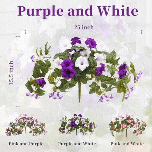 YOUNGLEAVES 2pcs Artificial Fake Petunia Flowers for Outdoor Decoration | Faux Realistic Floral Plants, UV-resistant realistic flower bouquet, Ideal for Garden Porch Balcony Home Wedding Party Decor - color: Purple White