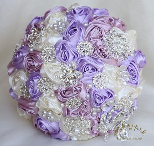 Bridal Wedding Bouquet Round Bling Brooch Bouquet Artificial Rose Flower Bunch for Bride Bridesmaid Wedding Quinceanera(Light Purple, Light Taro & Ivory, 9.8") - color: Light Purple, Light Taro Purple & Ivory, size: Large (Dia. 9.8"/25cm)