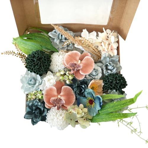 Spring Artificial Flowers Combo, Blue Dahlia, Orchid, Gardenia Bouquet Kit, DIY Floral Arrangement Box for Wedding Centerpieces, Bridal Bouquet, Home Decor - color: Box