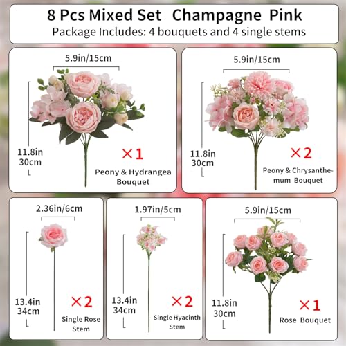 8 Pcs Mixed Artificial Peony Flowers Set-4 Bouquets & 4 Stems, Pink Fake Peony Rose Hydrangea Flowers for Vase Silk Floral Arrangements for Table Centerpiece Wedding Party Bridal Decoration Home Decor - color: Champagne Pink, size: Mixed 8pcs