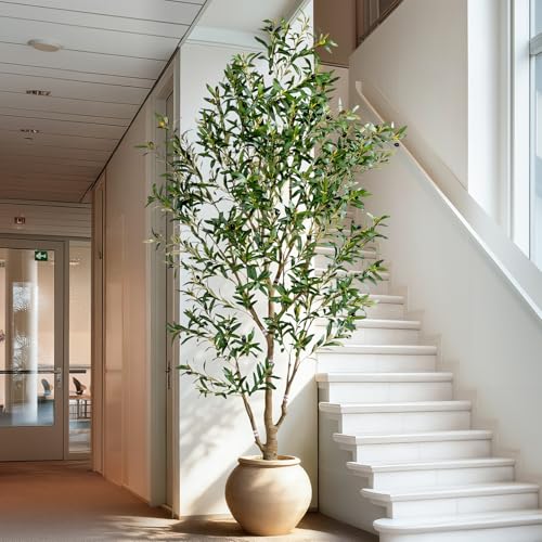 7ft Faux Olive Tree with White Pot & Moss, Artificial Olive Tree Indoor Outdoor, PE/PVC Leaves, Realistic Resin Trunk Large Fake Olive Tree Artificial Plants Indoor, Faux Plants Indoor for Home Decor - size: 7ft