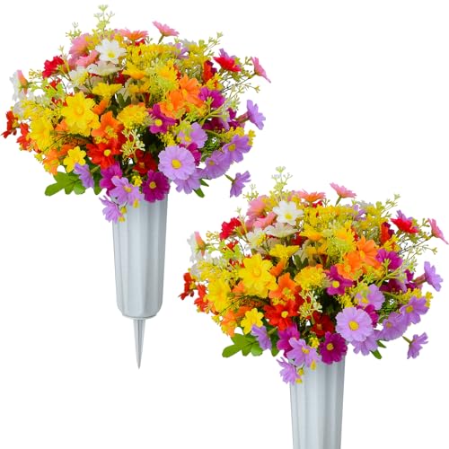 XONOR Artificial Cemetery Flowers Memorial Silk Daisy with Vase for Grave Headstone Decoration, Assorted Colors Daisy for Spring Summer Decoration - color: With Vase