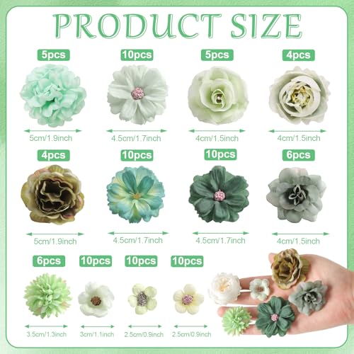 rongflower Faux Flower Heads Mini Green Artificial Flower Heads Fake Peony Daisy Rose Flowers Multicolor Small Silk Daisy Flower Heads for Craft Garland Wedding Party DIY Home Decoration,2-4 cm - color: Green