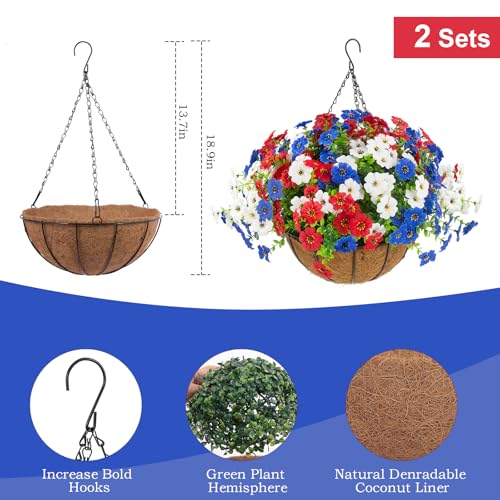 Hananona 2 Set Artificial Outdoor Flowers with Hanging Basket, 2 Hanging Planters with 24 Pcs Patriotic Flowers for Summer Front Porch Patio 4th of July Decor (Red, White, Blue) - color: Red, White, Blue
