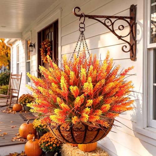 AmyHomie 16 Bundles Fall Orange Artificial Lavender Flowers with Monkey Grass, UV Resistant Faux Greenery for Outdoor Patio, Fall Planters, Autumn Garden, Farmhouse Decor & Thanksgiving Arrangements - color: Lavender Fall Orange, size: 16