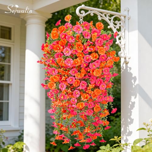 Serwalin Artificial Hanging Flowers for Outdoors Faux Plants, 4PCS Faux Morning Glory Fake Outdoor Flowers UV Resistant Realistic Silk Flower for Outside Planter Front Door Porch Patio Yard Decor - color: Orange& Hot Pink