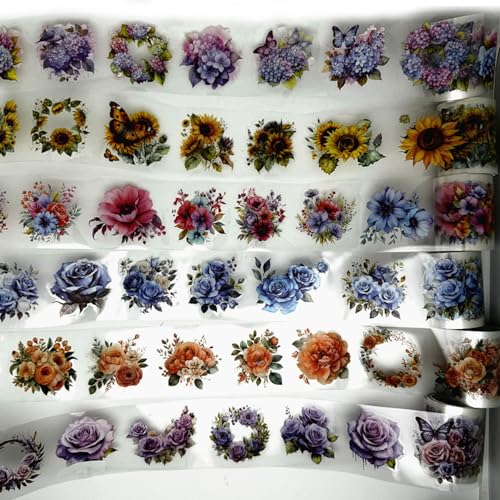 Koolemon 6Rolls PET Flower Tape for Journal Scrapbook Decorative Stickers | Precut Waterproof Floral Multicolor Easy to use