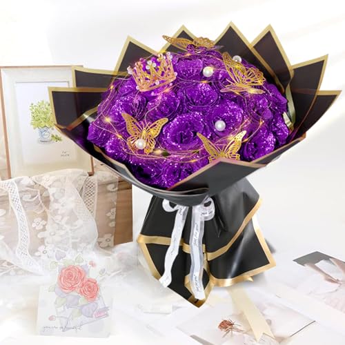 Purple Glitter Roses Bouquet, 36 Pcs Shiny Glitter Flowers Bouquet, Everlasting DIY Artificial Roses Bouquet for Christmas, Birthday, Anniversary, Wedding, Engagement - color: Purple-a, size: 36 PCS