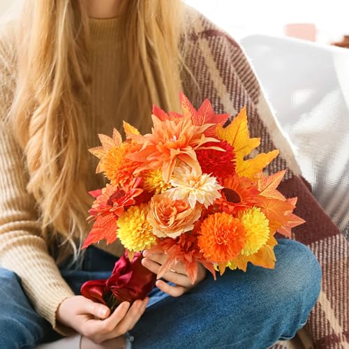Giegxin 87 Pcs Artificial Thanksgiving Flowers Bouquets Fall Chrysanthemums Ball Flowers Maple Leaf Sunflower Head Accessories for Thanksgiving DIY Wreath Floral Arrangements Table Centerpiece Decor - style: Chrysanthemum