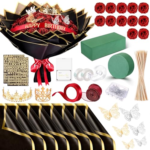 Maysing Money Bouquet Kit 12 Pcs Glitter Roses 20 Sheet Flower Wrapping Paper DIY Flower Bouquet Floral Foam Blocks Sticker for Anniversary Birthday Mother's Day Graduation(Red) - color: Red