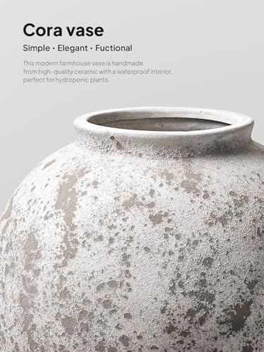 Large White Ceramic Vase - 9.8 Inch Rustic Farmhouse Flower Vase for Home Decor, Minimalist Tall Vases for Living Room, Table, Bathroom, Holiday & Weddings (Sandstone Grey) - color: Sandstone Grey, size: 9.8 Inch