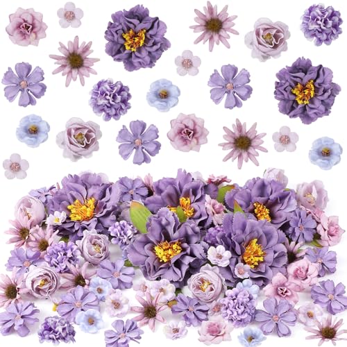 Thiccywoov 250 Pcs Artificial Flowers Heads Bulk Mini Silk Mix Flowers Fake Peony Daisy Rose Multicolor for Blossom Wreath Bouquets Wedding Home Decorations Party Craft Garland DIY(Purple) - color: Purple