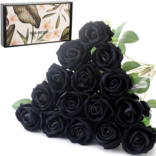 15Pcs Pearl Black Roses Artificial Flowers Fake Roses Long Stem Velet Rose Silk Flowers for Home Wedding Decoration (Pearl Rose,Black) - color: Pearl Roses - Black 15p