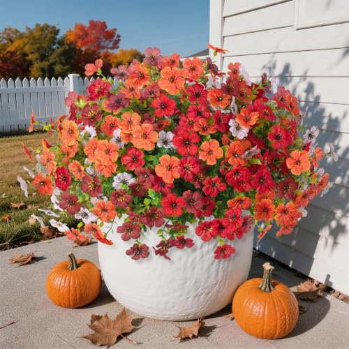Artificial Flowers for Outdoors, 12 Bundles Multicolor Fake Silk Flowers Faux Plants Outside for Planter for Summer Decoration UV Resistant No Fade Porch Patio Yard Home Decor - color: Red,brown,white,orange