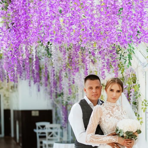 300 Branches Wisteria Hanging Flowers,20Pcs Total 120ft Purple Wisteria Artificial Flowers Garland Vine Silk Hanging Flowers for Wedding Party Arch Ceremony Garden Home Backdrop Decor - color: Purple, size: 20