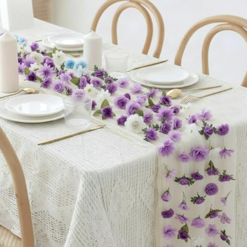 6 Pcs 35.4 Inch Artificial Purple Flower Garlands with 3 Pcs 10 Ft Wedding Tulle Table Runner Wildflower Vines Floral Table Runner Garlands for Wedding Bridal Shower Spring Tea Party - style: Purple Wildflower
