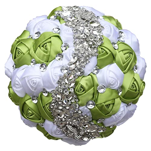 XINNI Handmade Bridal Wedding Bouquet Bride Bridesmaid Satin Rose Flower Bouquet with Meteor Shower Shape Rhinestone Wedding Decoration (Green+White) - color: Green+white