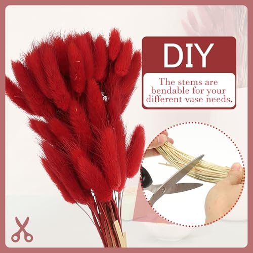PATIKIL 15.7in Bunny Tails Dried Flowers, 80pcs Pampas Grass Decor Rabbit Tail Natural Pampas Grass Bulk Fluffy Faux Pampas Grass Dried for Home Boho Decor Vase Wedding Table, Red - color: Red
