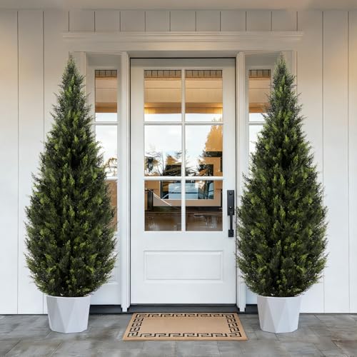 6FT Artificial Cedar Topiary Trees (2 Pack) - UV Resistant Faux Evergreen Shrubs Extra Dense Foliage Realistic Fake Pine Cypress Plants Easy Assembly for Front Porch Garden Indoor Office - color: 2*cedar Tree 6ft