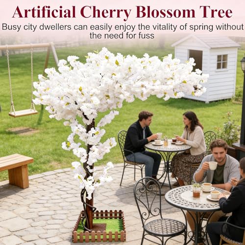 Artificial Cherry Blossom Trees Large 6.6ft for Indoor Outdoors,Faux Fake White Cherry Blossom Tree for Living Room Wedding Party Office Shopping Hotel Restaurant Home Decor - color: White, size: 6ft 7in