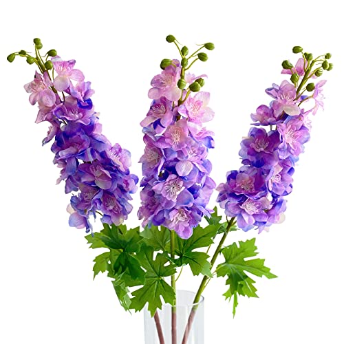 YalzoneMet 3pcs Purple Delphinium Artificial Flower 31.5'' Long Stem Fake Larkspur Lifelike Real Touch Delphinium Latex Flower for Tall Vase Home Table Decor Wedding Flower Arrangement Decoration - color: Purple