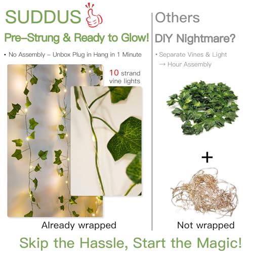 suddus 300 LED Vines with Lights Plug in, 9.8ft x 9.8ft Fairy Lights with Vines, Ivy Curtain Lights for Wall, Bedroom, Dorm, Wedding, Party, Indoor, Outdoor Decor(Warm White) - color: Ivy, size: Plug In-300Led