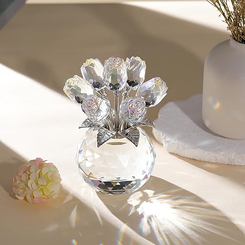 Clear Rose Flower Crystal Figurine with Vase, Bouquet Flowers Ornament Gifts for Wife Girlfriend Women, Handmade Crystal Flower Collectible Home Table Decor for Valentines Day Wedding Anniversary - color: Clear-crystal Rose