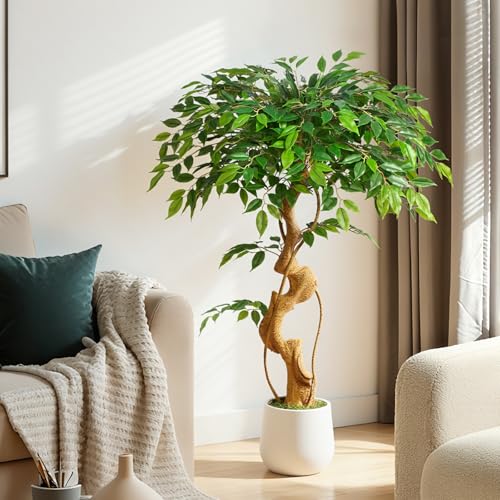 4ft Large Ficus Artificial Trees in White Pot, 48" Tall Fake Silk Tree with Natural Curved Trunk, Lush Faux Ficus Tree for Indoor Home Decor, Living Room, Office & Patio - size: 4ft