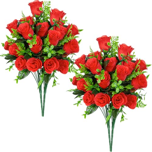 XONOR Artificial Rose Flowers - 4Bouquets Realistic Fake Silk Roses for Wedding Party Home Centerpieces Office DIY Cemetery Grave Decoration (Pack of 4, Red) - color: Red