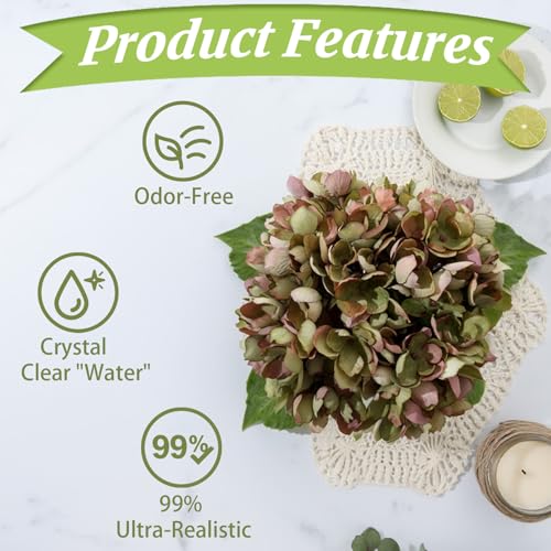 Green Artificial Hydrangea Flowers with Glass Vase, Faux Floral Arrangements with Fake Water, Lifelike Hydrangeas Table Centerpieces for Dining Room, Coffee Table, Bathroom Decor - color: D-green
