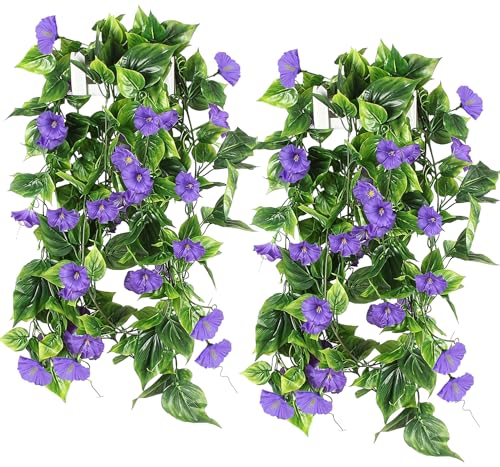 GTIDEA Artificial Vines 15Feet Silk Flower Garland Purple Morning Glory Vine Artificial Flowers Hanging Plants Garland Fake Green Plant 4Pcs for Outdoors Wall Fence Indoor Wedding Banquet Decor - color: Purple-4pcs