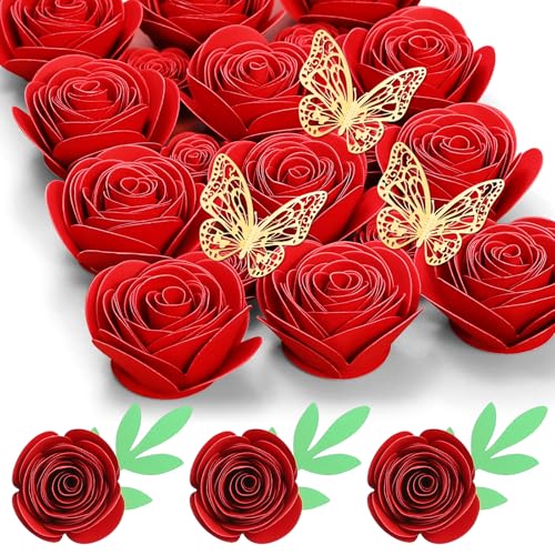 Mverse 3D Rolled Paper Flowers for Shadow Box & Graduation Cap Decorations - Handcrafted Small Roses Craft Kit with 3D Butterflies & Leaves - DIY Scrapbook Embellishments (Red) - color: 03- Red