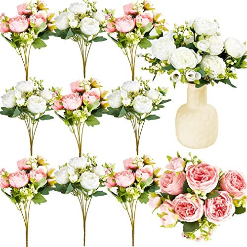 Jexine Artificial Peonies Flowers Bouquet Silk Faux Peony Fake Peonies Artificial Flowers Bouquets for Vase Floral Arrangements Wedding Home Table Decoration(White, Pink,12 Bundles) - color: White, Pink