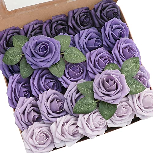 Floroom Artificial Flowers 25pcs Real Looking Lavender Purple Ombre Colors Foam Fake Roses with Stems for DIY Wedding Bouquets Bridal Shower Floral Centerpieces Party Tables Home Decorations - color: Shades of Lavender