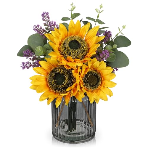 Oairse Fake Flowers in Vase, Sunflowers Artificial Flowers with Vase Sunflowers Centerpieces for Table Silk Flower Arrangement for Farmhouse Home Kitchen Bathroom Wedding Party Dining Room Decor - color: Yellow01