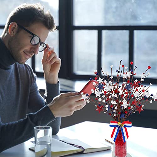 4 Pack Patriotic Artificial Berry Stem Picks White Blue Red Stars for 4th of July Independence Day, Pentagram Faux Berry Branches Decoration for Home Office Restaurant Vase Décor - color: Patriotic White Blue Red Stars