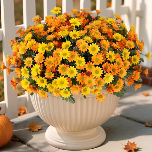 Fake Mums Fall Artificial Flowers for Outdoor Decoration, 6 Bundles Faux Silk Daisy Flowers Realistic UV Resistant No Fade Fall Fake Plants for Home Patio Porch Garden Window Box Decor(Yellow Orange) - color: Yellow Orange