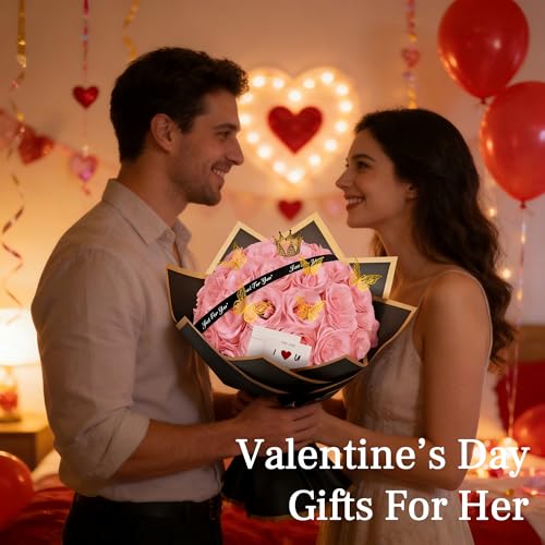 Light Pink Glitter Flower Bouquet, 36 Pcs DIY Artificial Glitter Rose Bouquet with Bear & Butterfly & Golden Crown, Eternal Flowers Gifts for Her, Girlfriend, Valentines, Birthday, Mother's Day - color: Fba-light Pink
