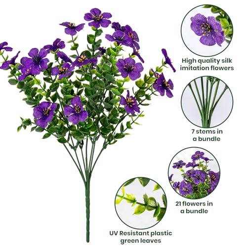 Lnoicy 20 Bundles Artificial Flowers for Outdoor Fake Plants for Spring Decoration,Faux Eucalyptus Flowers for Planter UV Resistant Lifelike for Home Porch Garden（Purple） - color: Purple