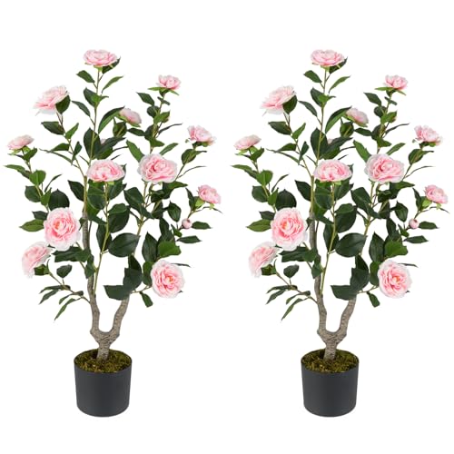 Goplus 36’’ Artificial Camellia Tree, 2 Pack Flower Plants Artificial Tree, Faux Floral Plant Blooming Tree in Nursery Pot, Greenery Potted Plant for Indoor Office Home Porch Decor, Pink - color: Pink, size: 36 inch×2